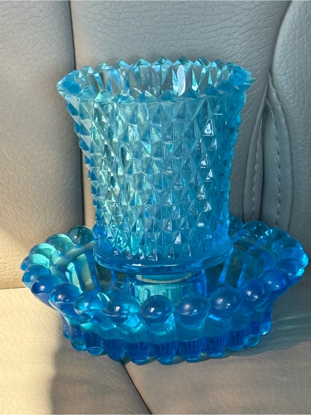 VINTAGE Blue Glass Hobnail Candle Holder - HOMCO
